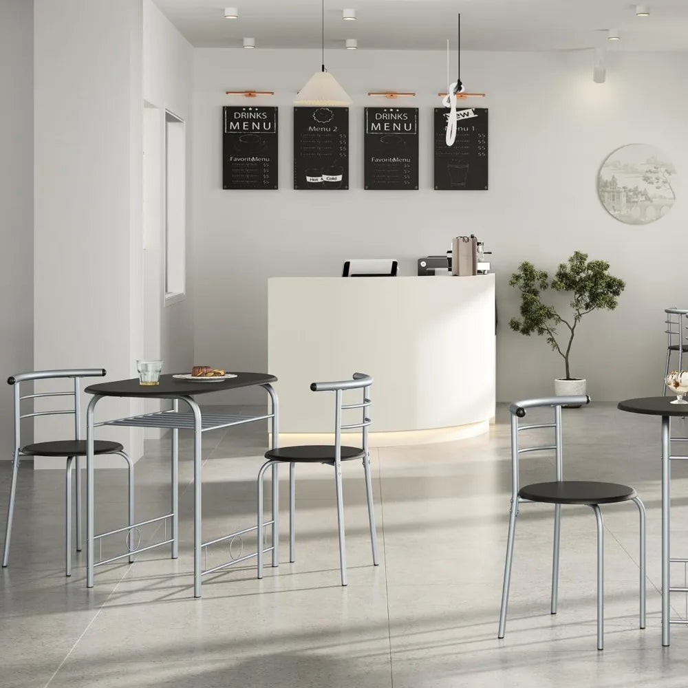 Table Set, Kitchen Table & Chair Sets for 2, Compact Table Set w/Steel Legs, Built-in Rack for Breakfast