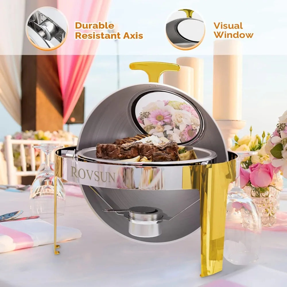 Chafing Dish Buffet Set Gold Accent,6 Quart Round Stainless Steel Chafer, Buffet Servers and Warmers