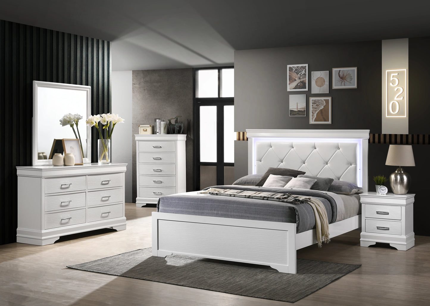 Queen 5-N Pc Tufted Upholstery LED Bedroom set made with Wood in White Bedroom Furniture Set
