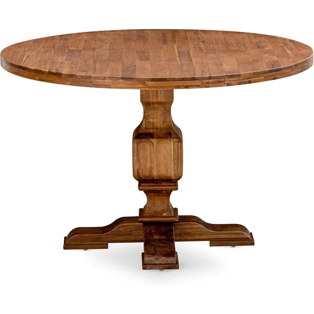 Dining Room 7 Piece Set Consist of A Round Dining Room Table with Pedestal and 6 Doeskin Linen Fabric Upholstered Parson Chairs