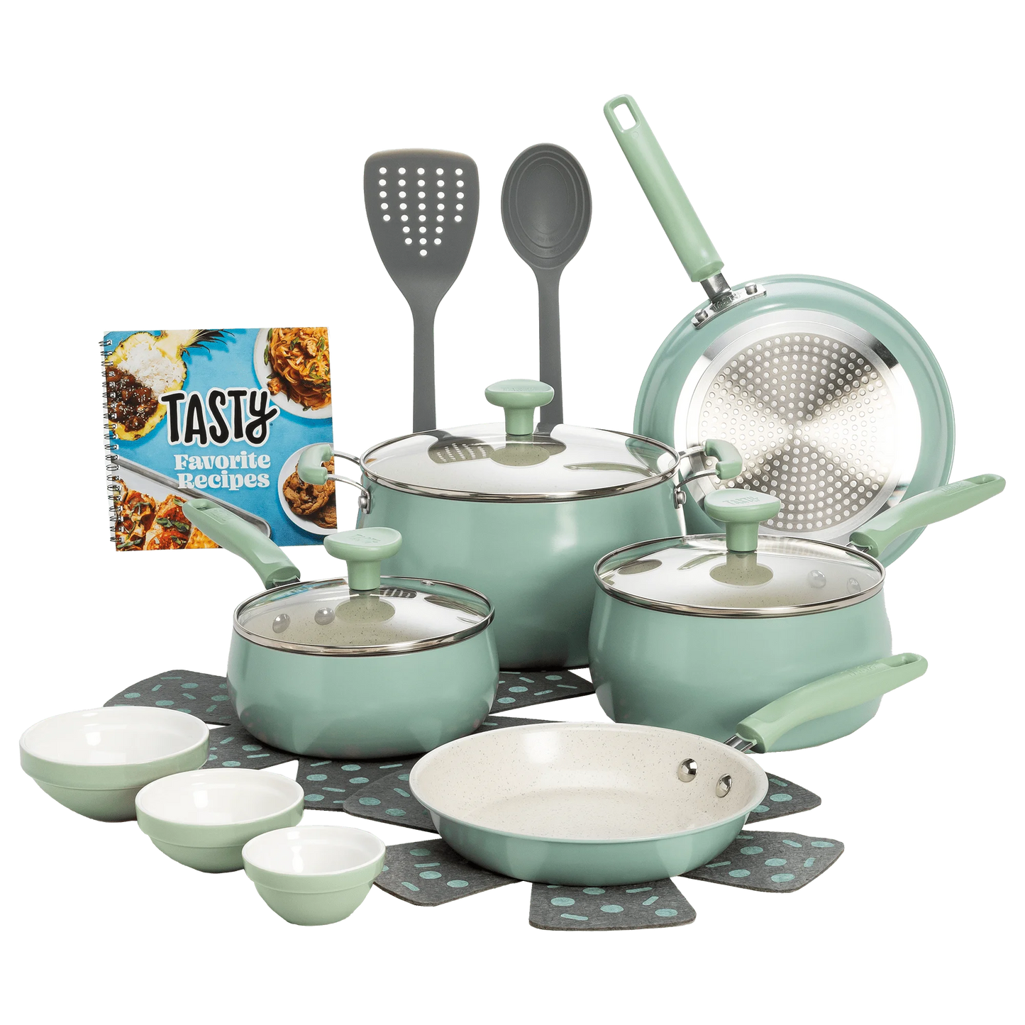 Clean Ceramic 16 Piece Non-Stick Aluminum Cookware Set, Sage Green, non stick cooking pot set