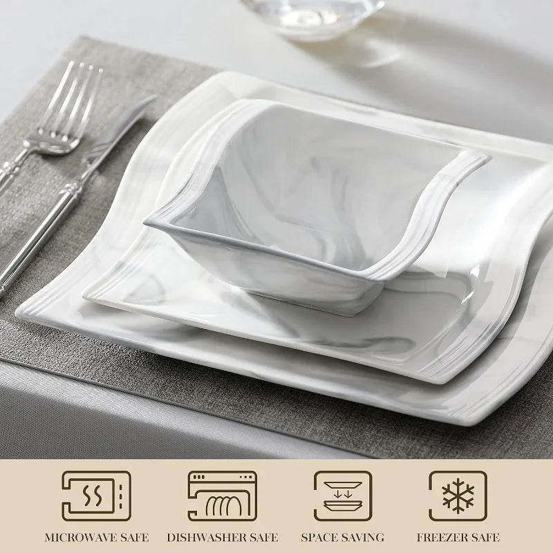 Porcelain Dinnerware Sets, Modern Square Dinner Set Plates and Bowls for Dessert, Salad and Pasta,