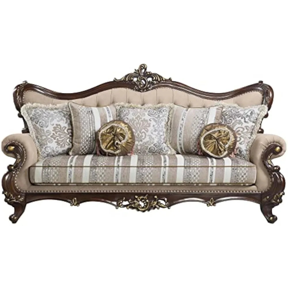 Upholstered Sofa ,Sofa With 7 Pillows In Light Brown Fabric And Cherry