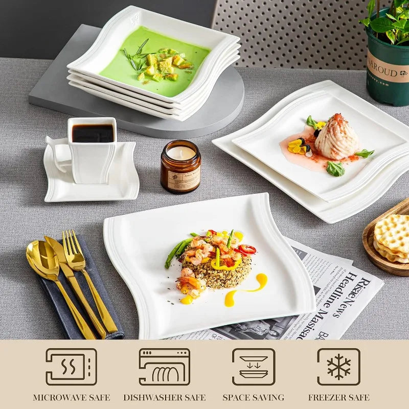 Porcelain Dinnerware Sets, Modern Square Dinner Set Plates and Bowls for Dessert, Salad and Pasta,