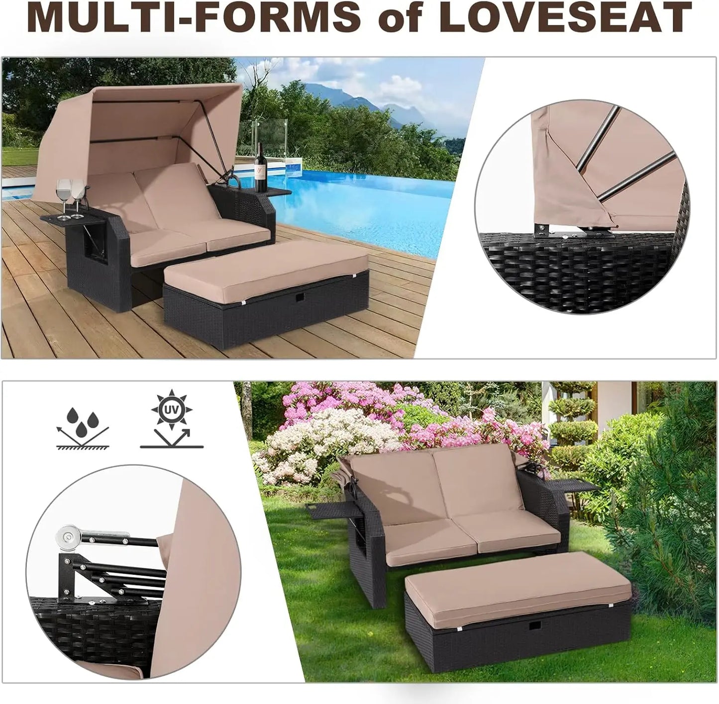 Lvuyoyo Patio Wicker Furniture Set - Outdoor Rattan Sofa Set With Retractable Canopy, Side Table,
