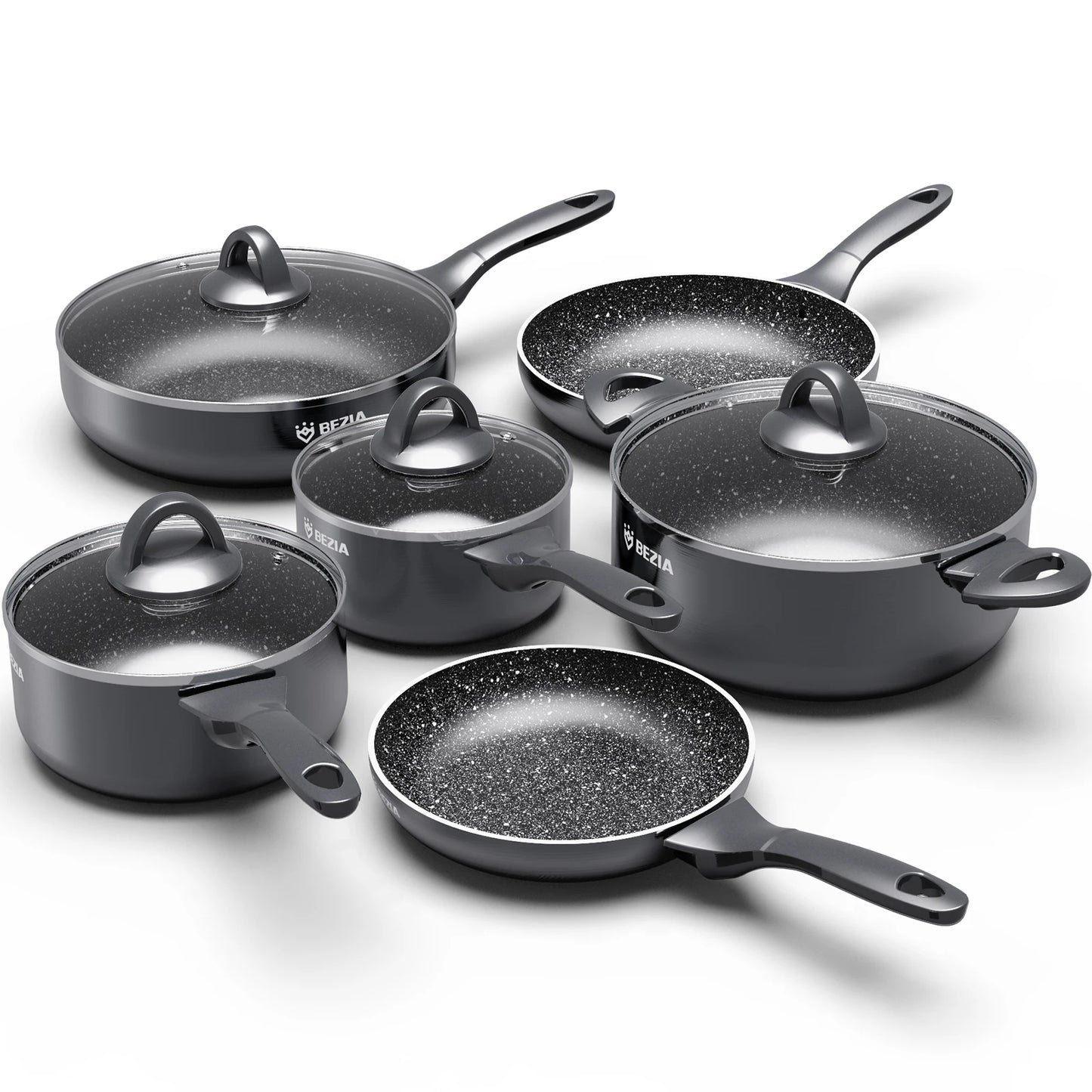 Induction Cookware Pots and Pans Set 10 Piece, BEZIA Dishwasher Safe Nonstick Cooking Pans