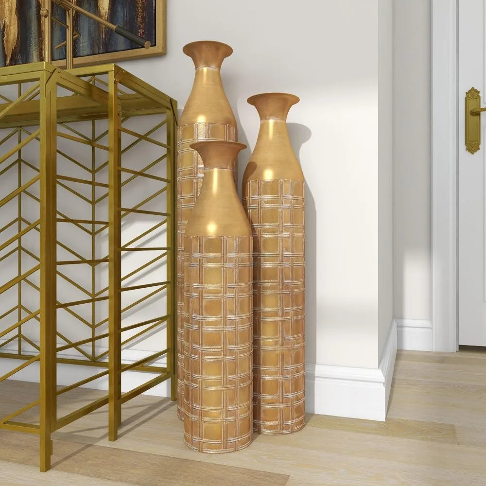 Gold Flower Vase Decoration Home Metal Tall Distressed Metallic Vase