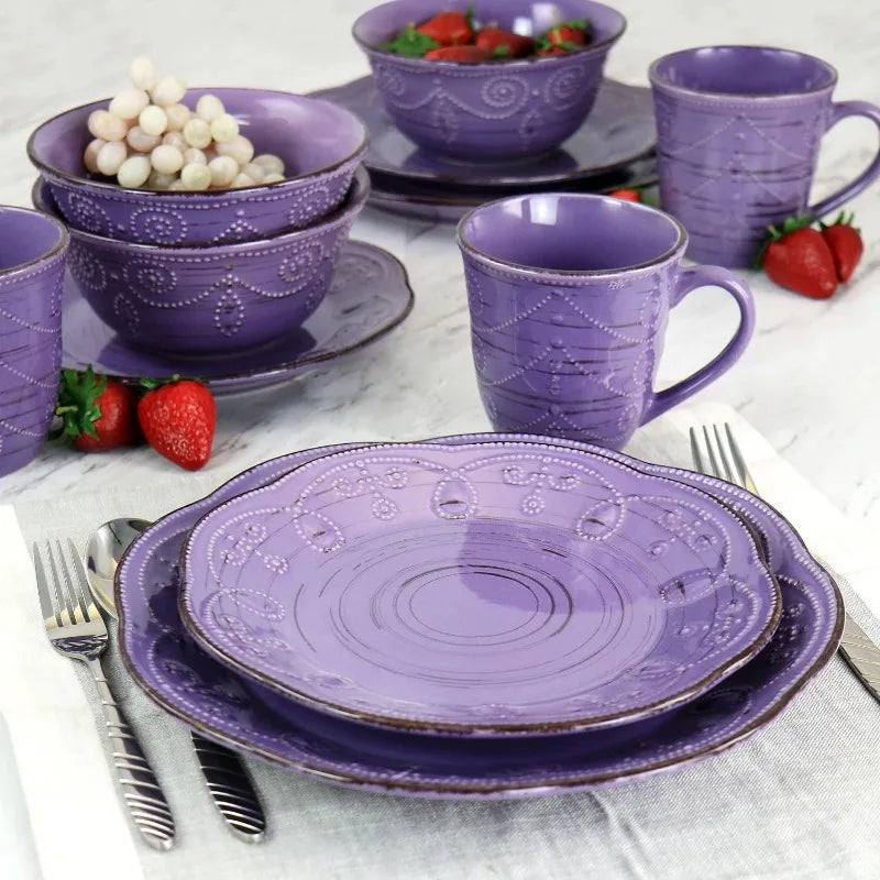 Rustic Birch 16 Piece Embossed Scalloped Stoneware Round Dinnerware Set in White with Brown Accents