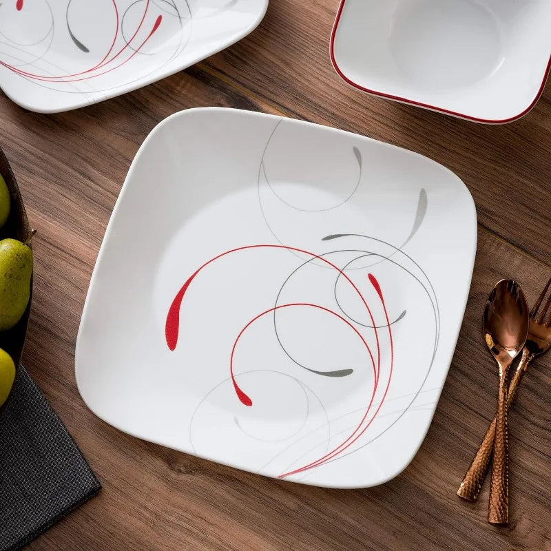 Dinnerware Set, Triple Layer Glass and Chip Resistant, Lightweight Square Plates and Bowls Set,