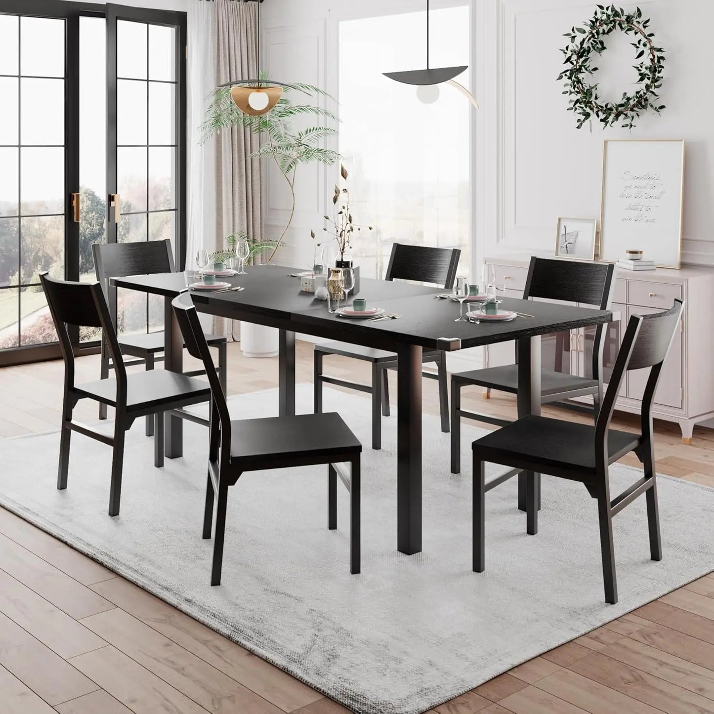7-Piece Dining Room Table Set with 6 Chairs, 63" Extendable Dining Table & Chairs Set for 4-6, MDF Board & Metal Frame, Dinette