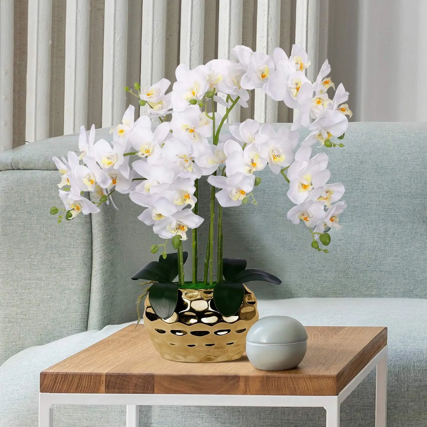 Artificial Orchid in Gold Vase White Silk Faux Orchid Plant in Gold Pot Fake Flower Arrangement Flowers forDecoration Home Decor