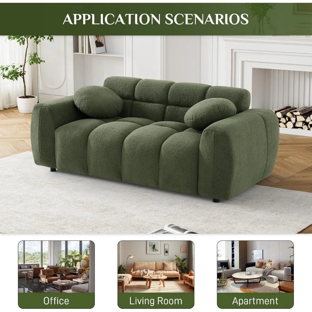Tufted Upholstered Teddy 2 Seater Loveseat Sofa with 2 Pillows, Cozy Sherpa Deep Seat Cloud Couch