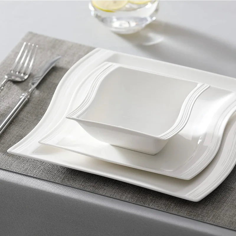 Porcelain Dinnerware Sets, Modern Square Dinner Set Plates and Bowls for Dessert, Salad and Pasta,