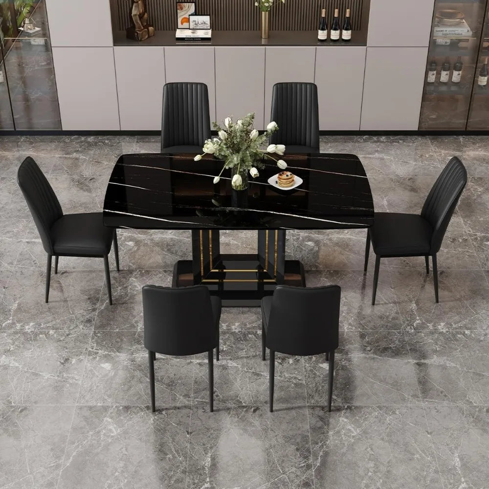 Table and Chairs for 6, Black Faux Marble Pattern Table with 6 Dining Chairs Suitable for Kitchen Sets
