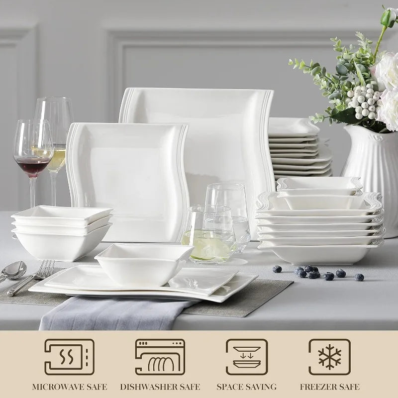 Porcelain Dinnerware Sets, Modern Square Dinner Set Plates and Bowls for Dessert, Salad and Pasta,