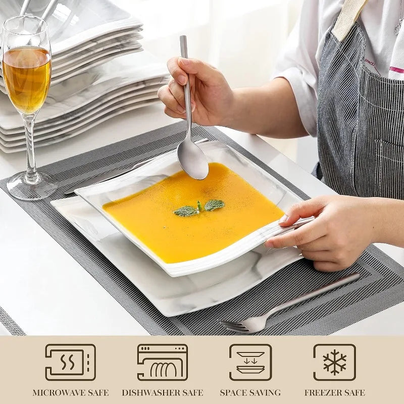 Porcelain Dinnerware Sets, Modern Square Dinner Set Plates and Bowls for Dessert, Salad and Pasta,