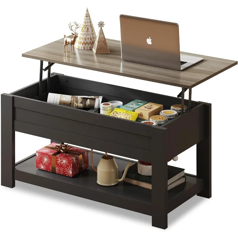 Modern Lift Top Coffee Table, Rustic Coffee Table with Storage Shelf