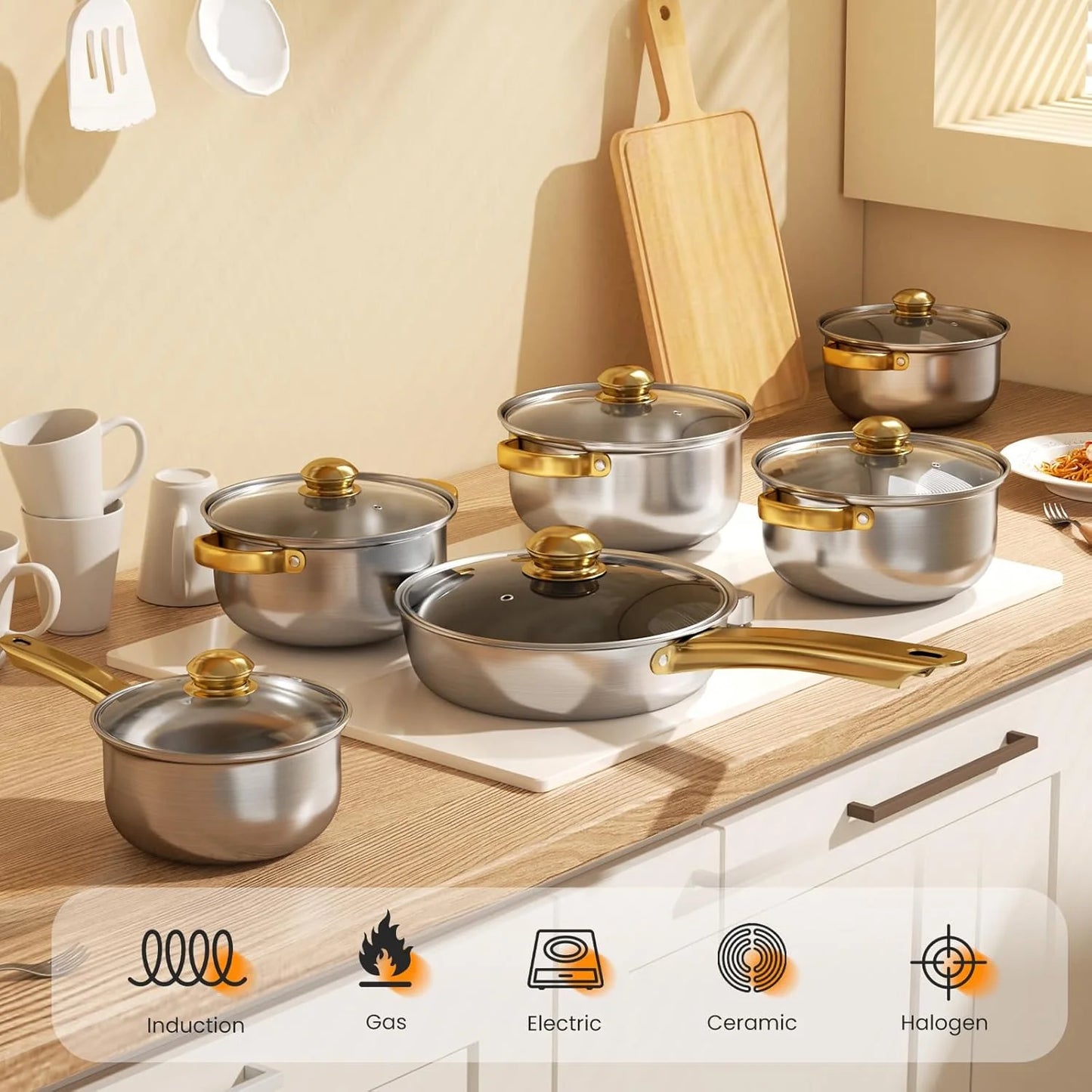 Stainless Steel Cookware Set, 5 Counts/setDurable Multi-purpose Easy To Clean
