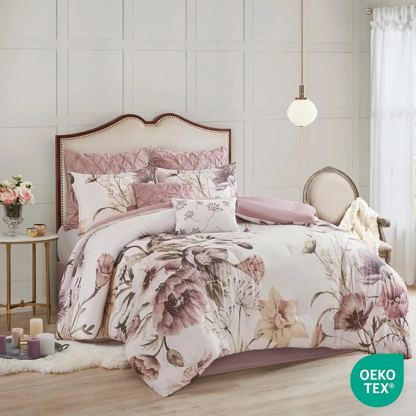 Floral King Comforter Set, Cotton Rich Bedding Set Feminine Design Shabby Chic King Size