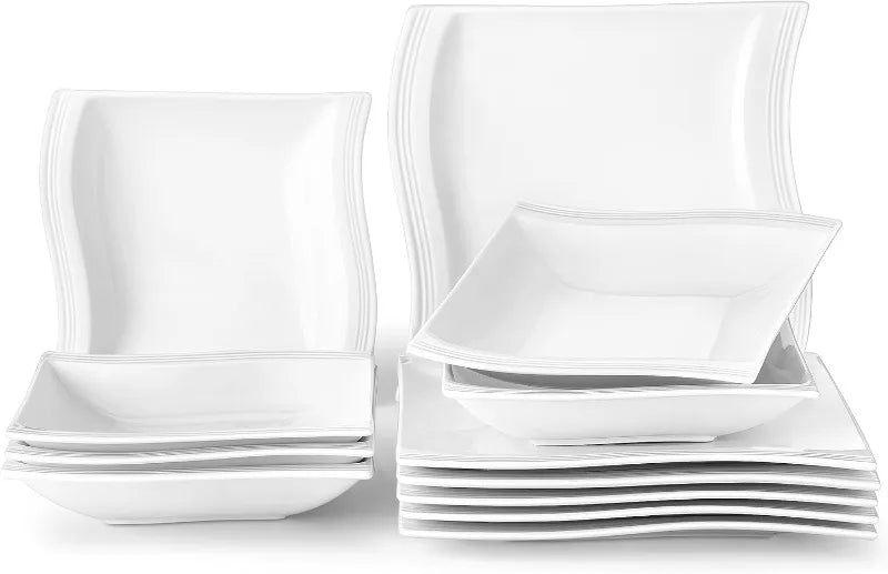 Porcelain Dinnerware Sets, Modern Square Dinner Set Plates and Bowls for Dessert, Salad and Pasta,