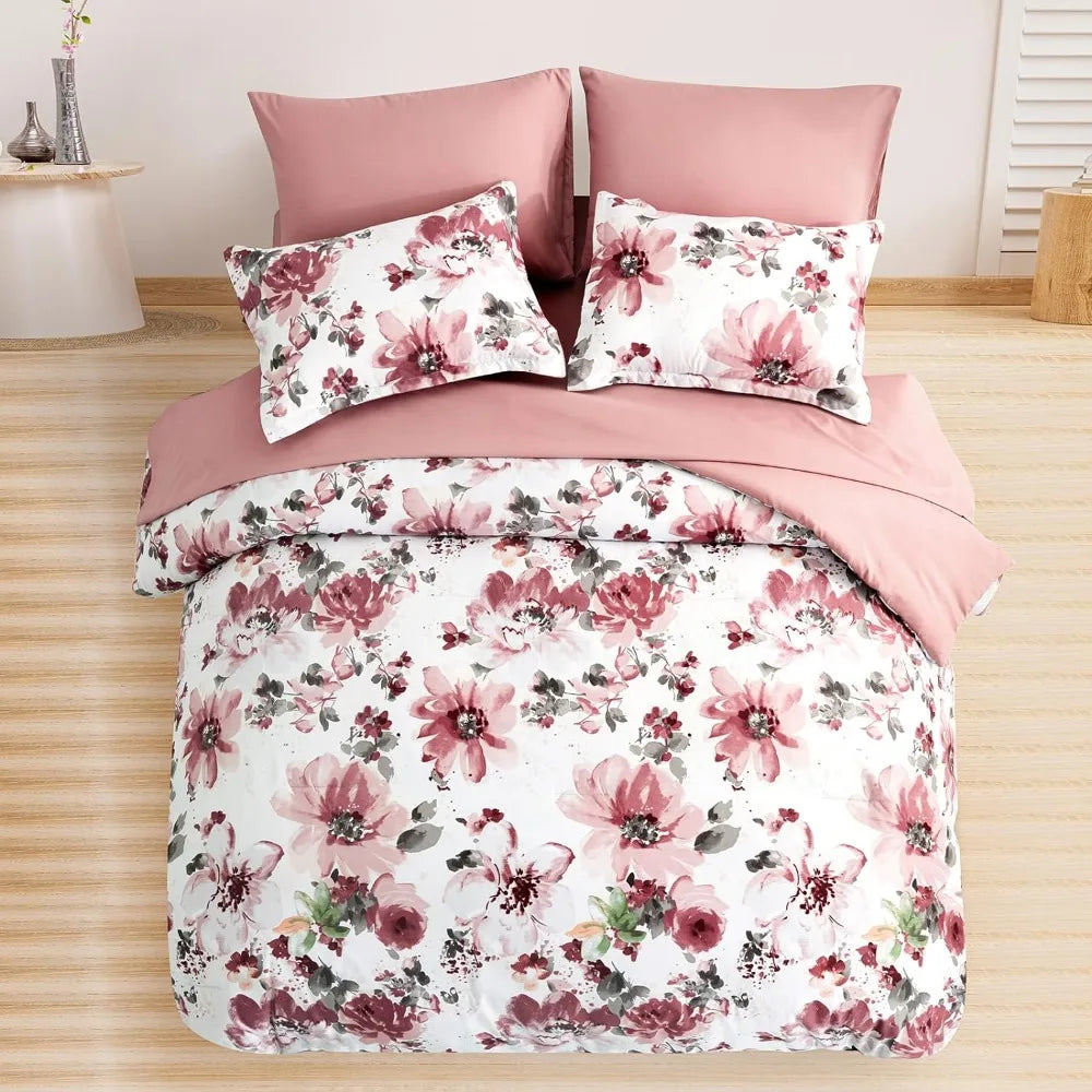 Pink 7 Pieces Bed in A Bag, Soft Microfiber Complete Bedding Set