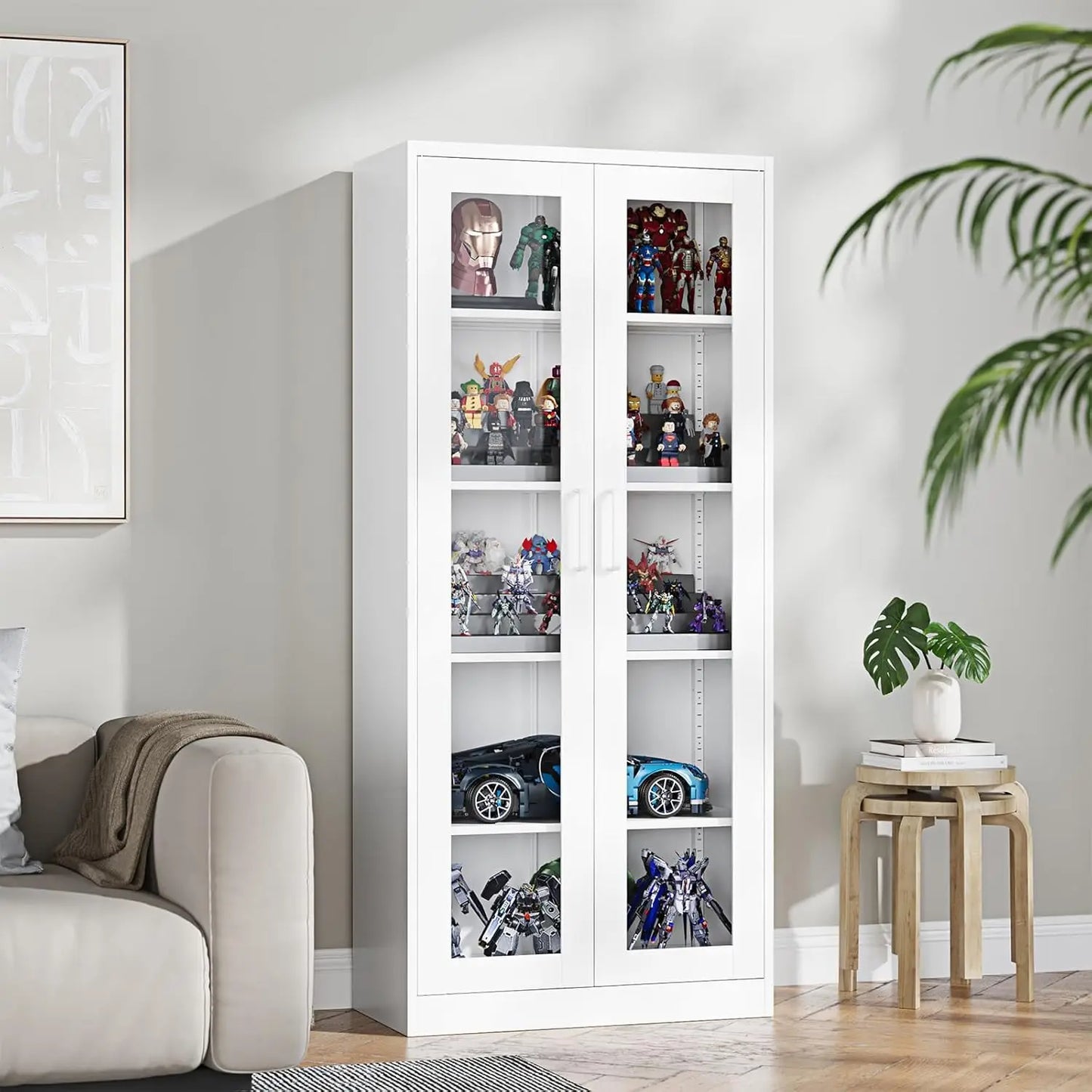 Display Cabinet with Glass Doors,67-inch Curio Cabinets with 4 Adjustable Shelves, Tempered Glass Cabinet