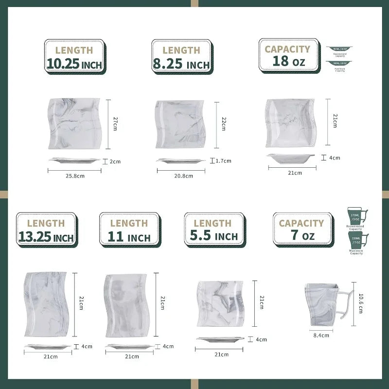 Porcelain Dinnerware Sets, Modern Square Dinner Set Plates and Bowls for Dessert, Salad and Pasta,