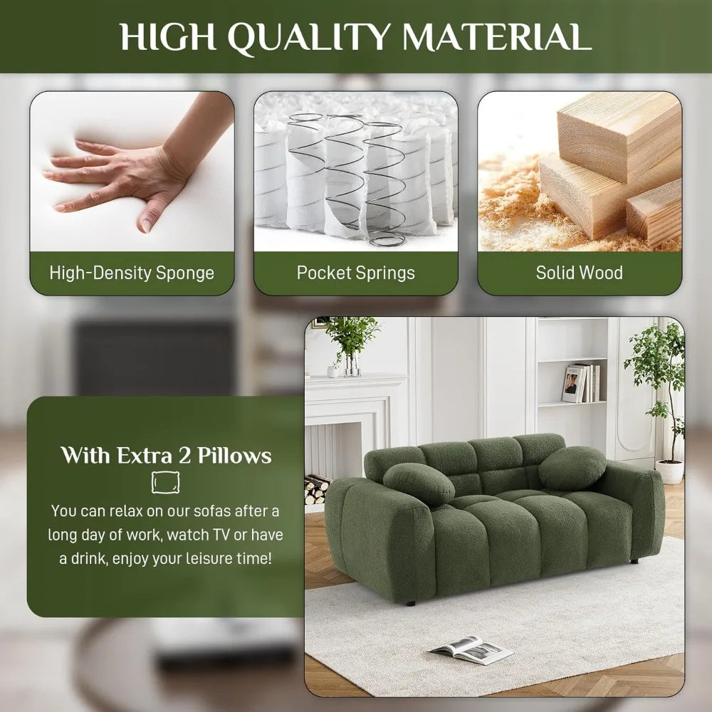 Tufted Upholstered Teddy 2 Seater Loveseat Sofa with 2 Pillows, Cozy Sherpa Deep Seat Cloud Couch