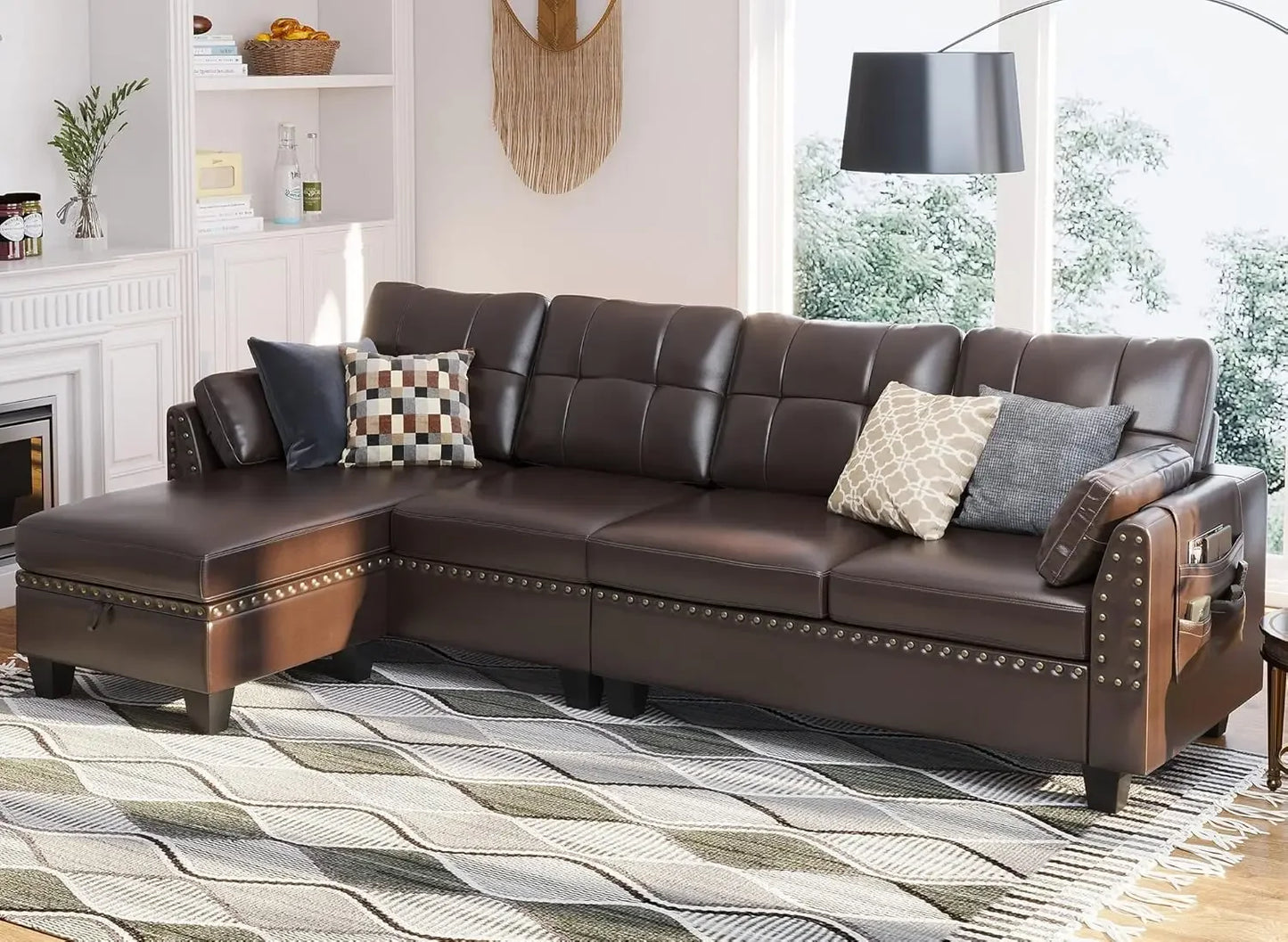 Convertible Sectional Sofa with 4 Seating, Storage Ottoman, Living Room Sofas
