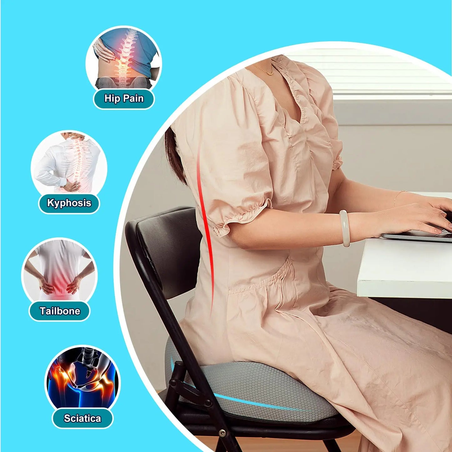 Ergonomic Memory Foam Seat Cushion for Sciatica Pain Relief, Larger Driving Seat Cushion for Short Drivers on Long Drives