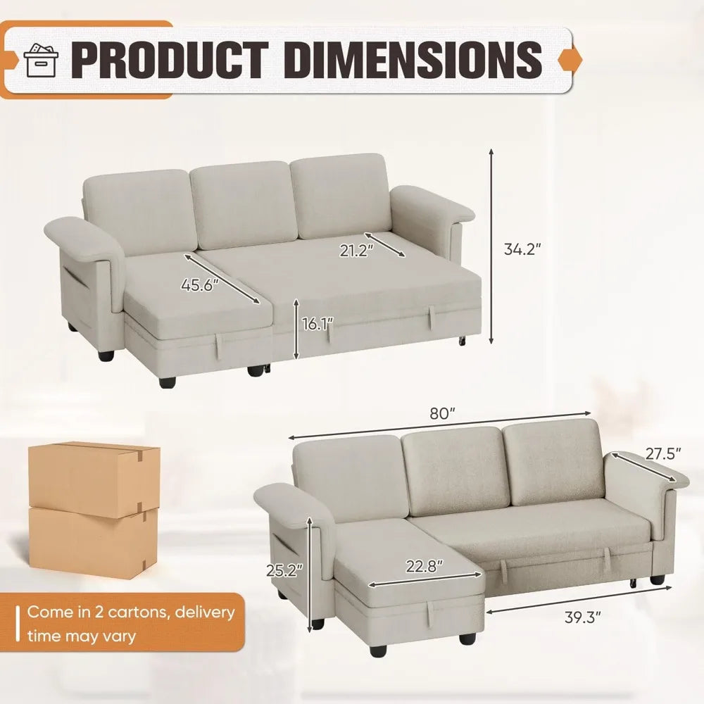 Sleeper Sofa L-Shaped Pull Out Sofa Bed with Storage Space Convertible Sectional Couches for Living Room/Bedroom/Office/