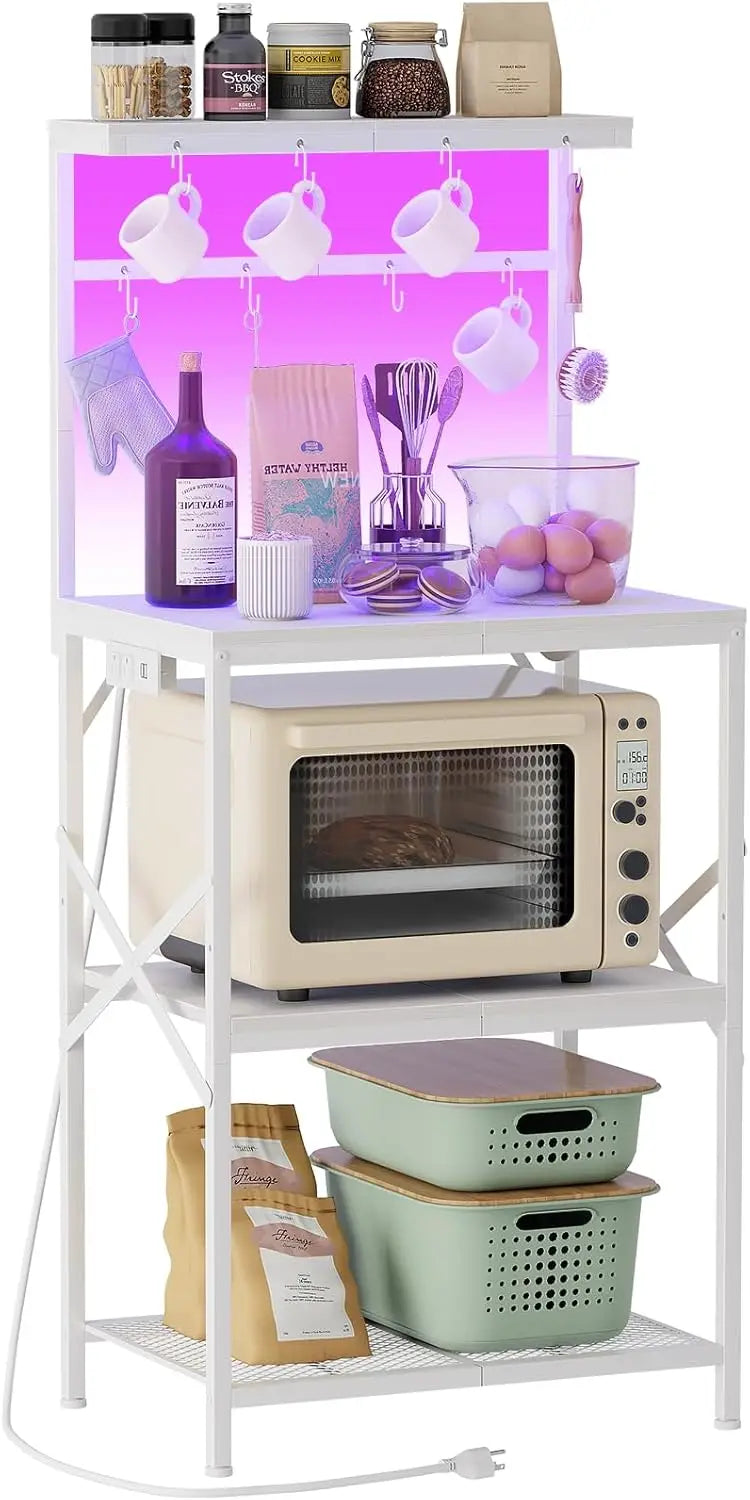 Kitchen Bakers Rack with Power Outlet & LED Lights 4 Tiers Microwave Stand with 8 Hooks Coffee Station