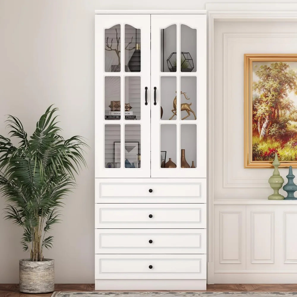 Tall Bookcase Bookshelf with 3-Tier Shelves & 2 Carved Glass Doors, Wooden Display Storage Cabinet with 4 Drawers for Home