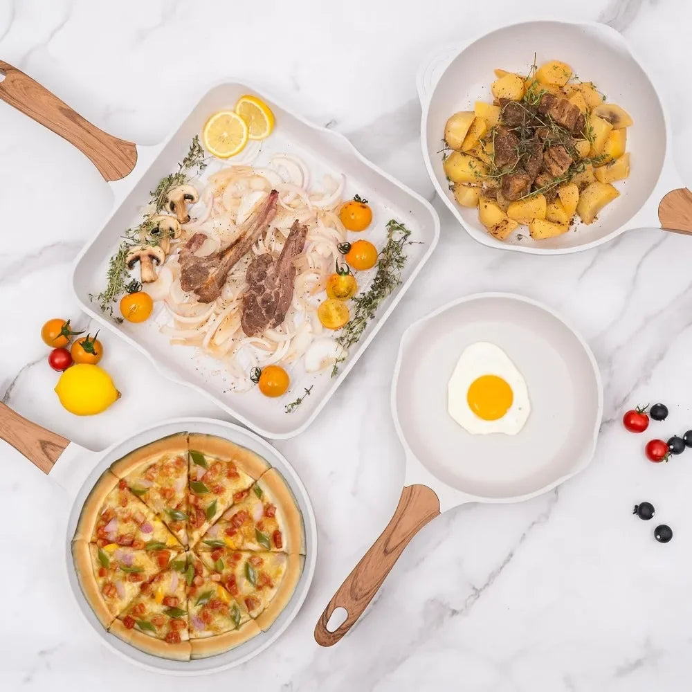 Pots and Pans Set Nonstick PFOA Free Sauté Pan Pot Sets for Cooking White Granite Coating Cookware Sets for Kitchen Dining