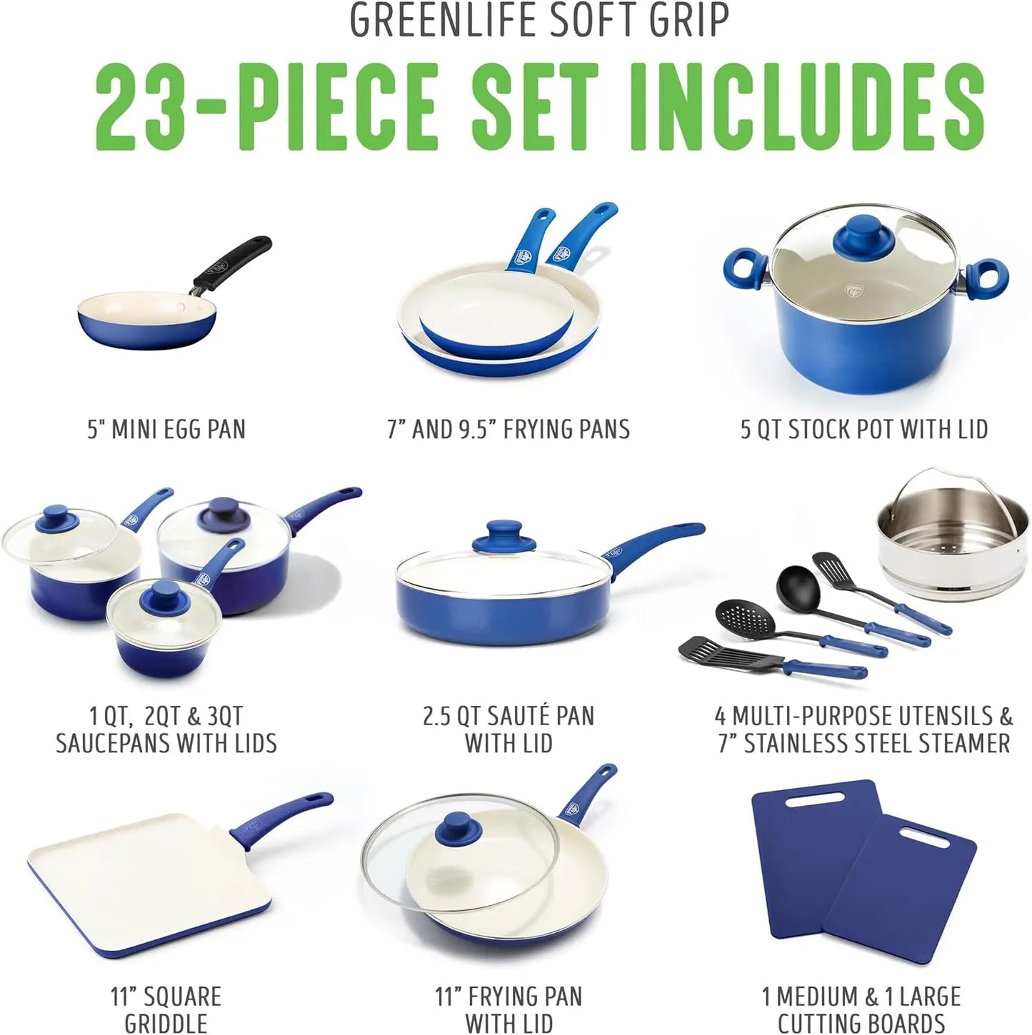 23 Piece Kitchen Cookware Pots and Frying Saucepans Set, Healthy Ceramic Nonstick PFAS and PFOA-Free, Dishwasher