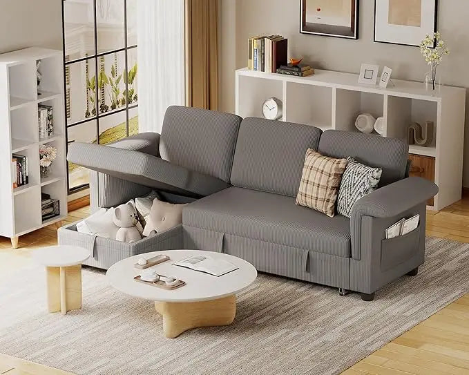 Sleeper Sofa L-Shaped Pull Out Sofa Bed with Storage Space Convertible Sectional Couches for Living Room/Bedroom/Office/