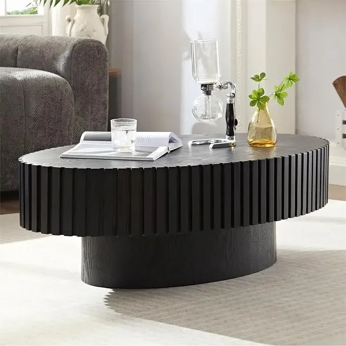 'Oval Drum Coffee Table for Living Room, Handcrafted Relief, Sturdy Pedestal, Wooden Olive-Shaped Tea Table