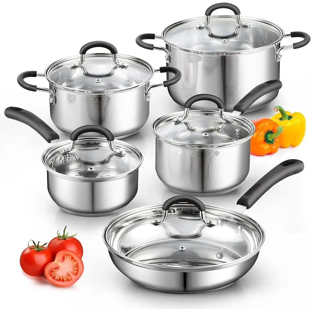 Cookware Set Pots and Pans Kitchen Cooking Set Dishwasher Safe Tempered Glass Lids Stay Cool Handles