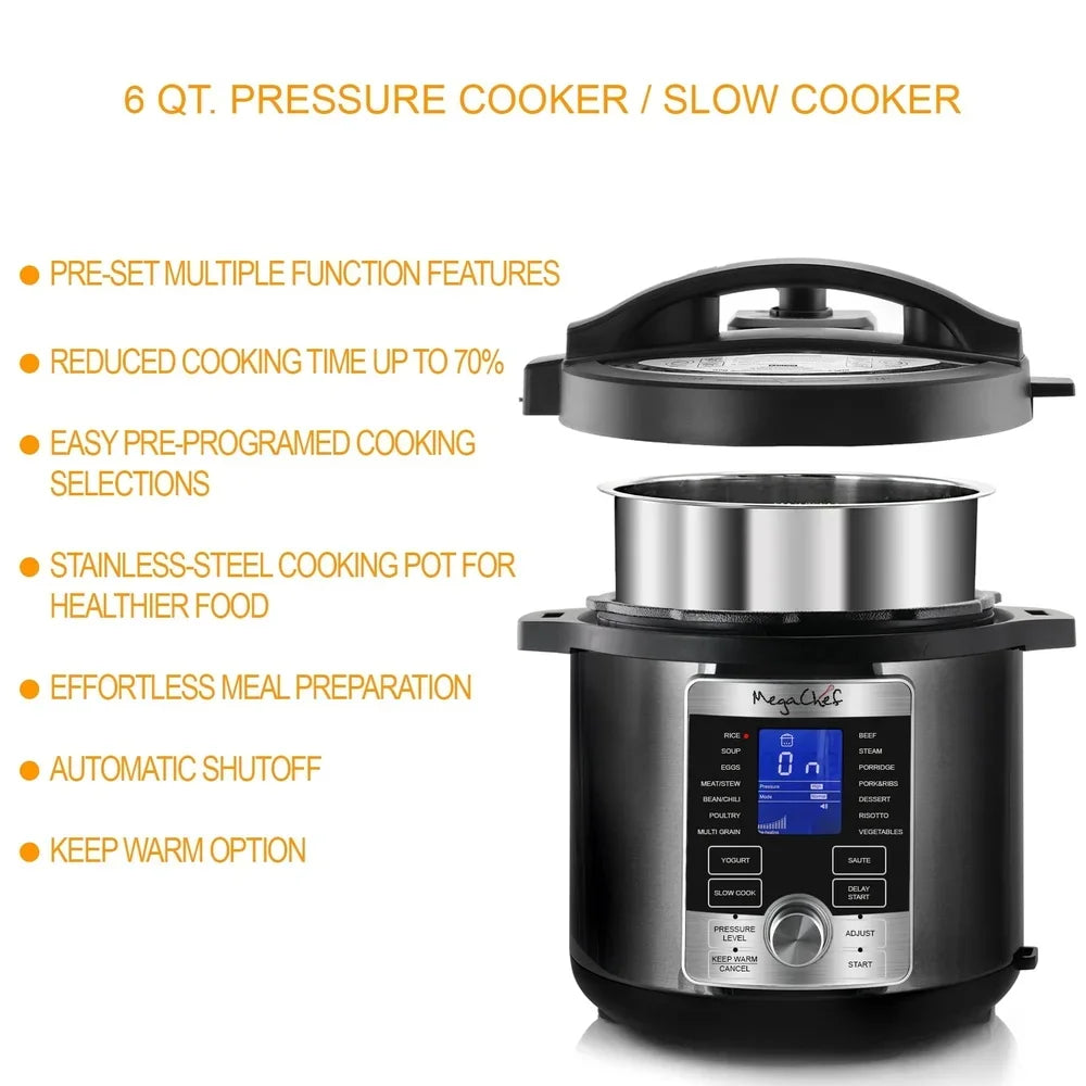 Digital Pressure Cooker 6Qt 14 Preset Functions One Touch Display Safe Easy Pressure Release Handle