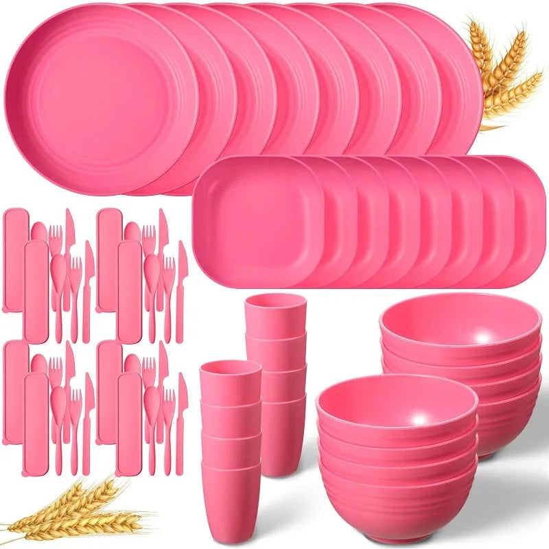 Wheat Straw Dinnerware Sets Unbreakable Plates and Bowls Microwave Safe Plastic Lightweight Knives Forks Spoons for Kitchen