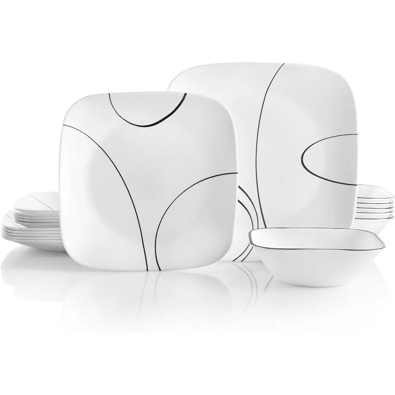 Dinnerware Set, Triple Layer Glass and Chip Resistant, Lightweight Square Plates and Bowls Set,