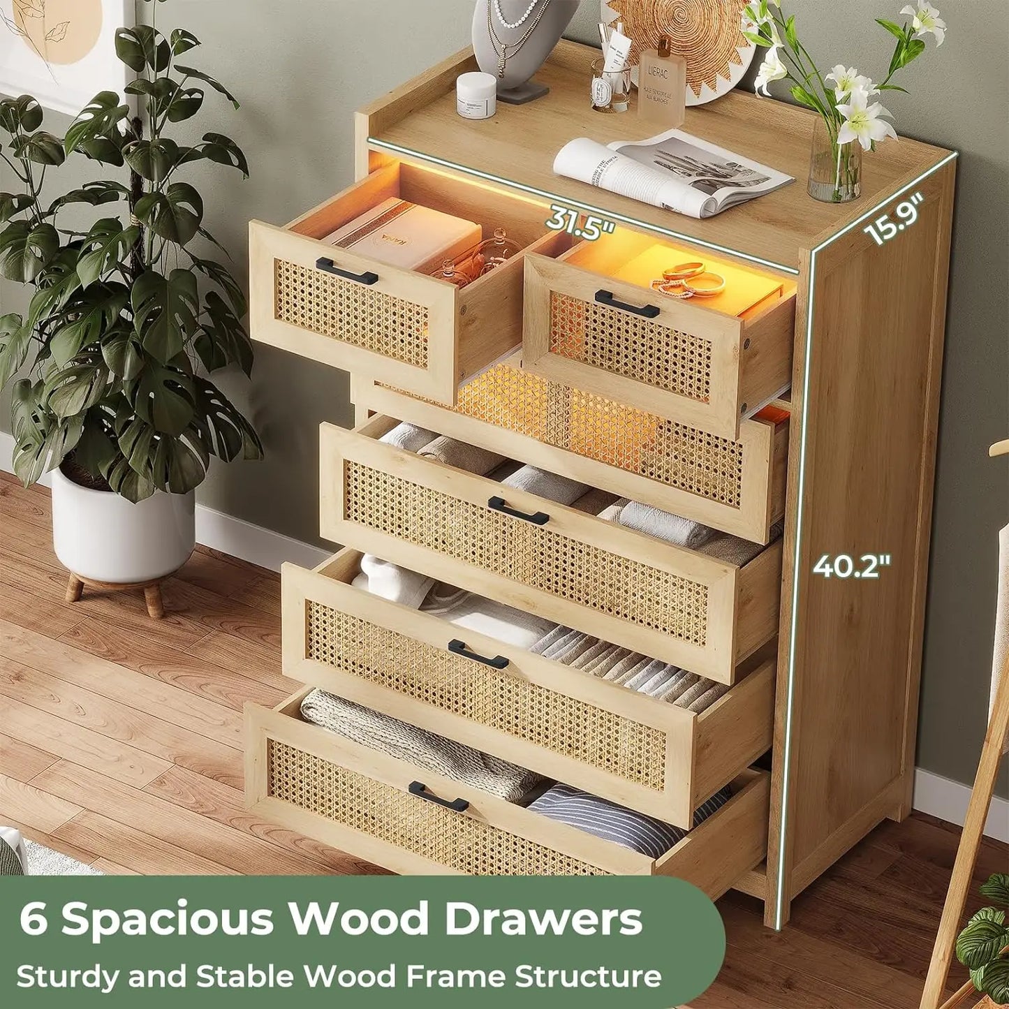 Bedroom, Rattan Wood Dressers with Led Light, Tall Dressers & Chests of Drawers, for Bedroom, Entryway