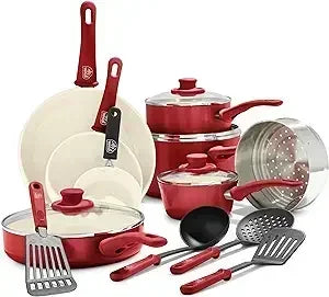 Soft Grip Healthy Ceramic Nonstick, 16 Piece Cookware Pots and Pans Set,