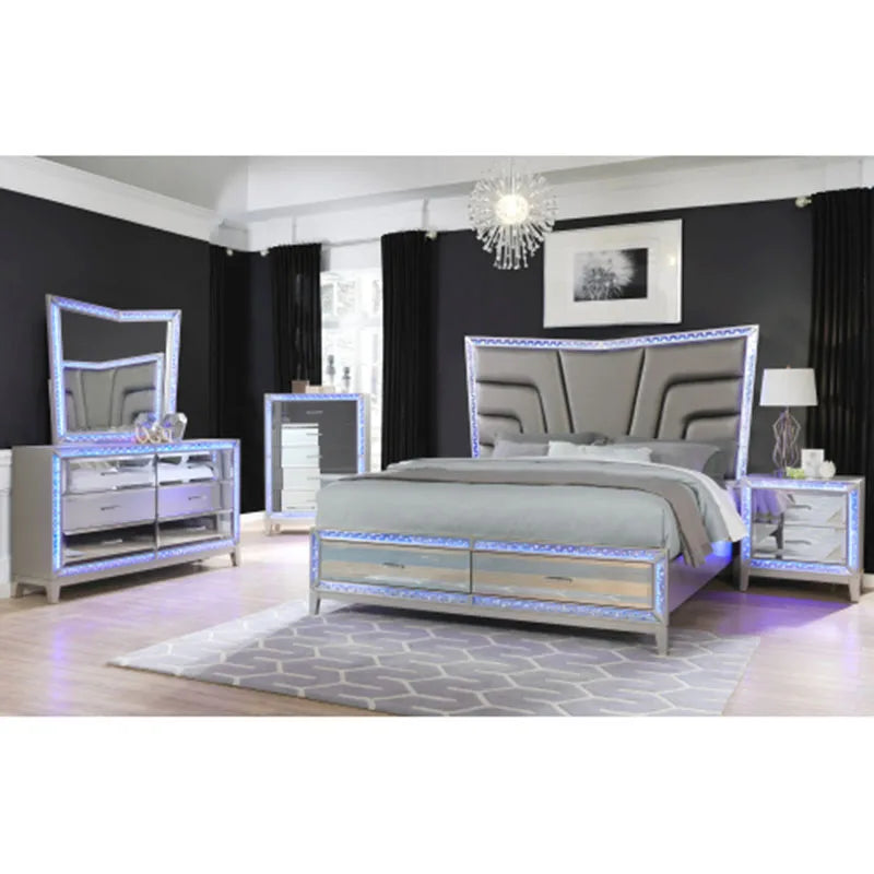 Bedroom Furniture Set Luxury 5 Pc Queen Bed Silver Nightstand Dresser Chest Cabinet Cupboard Forcer with Led