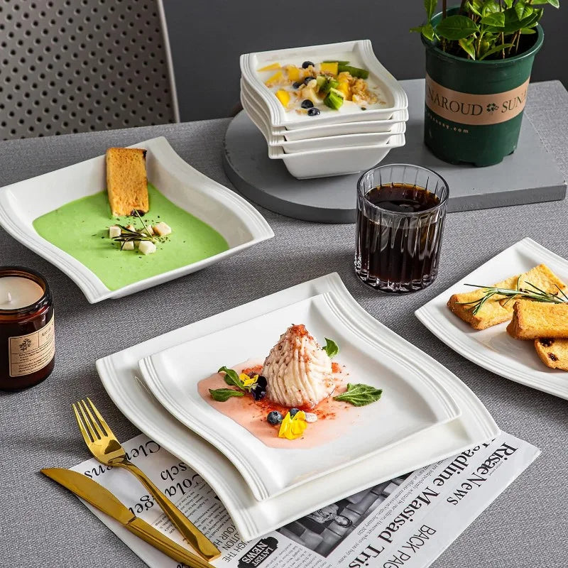 Porcelain Dinnerware Sets, Modern Square Dinner Set Plates and Bowls for Dessert, Salad and Pasta,