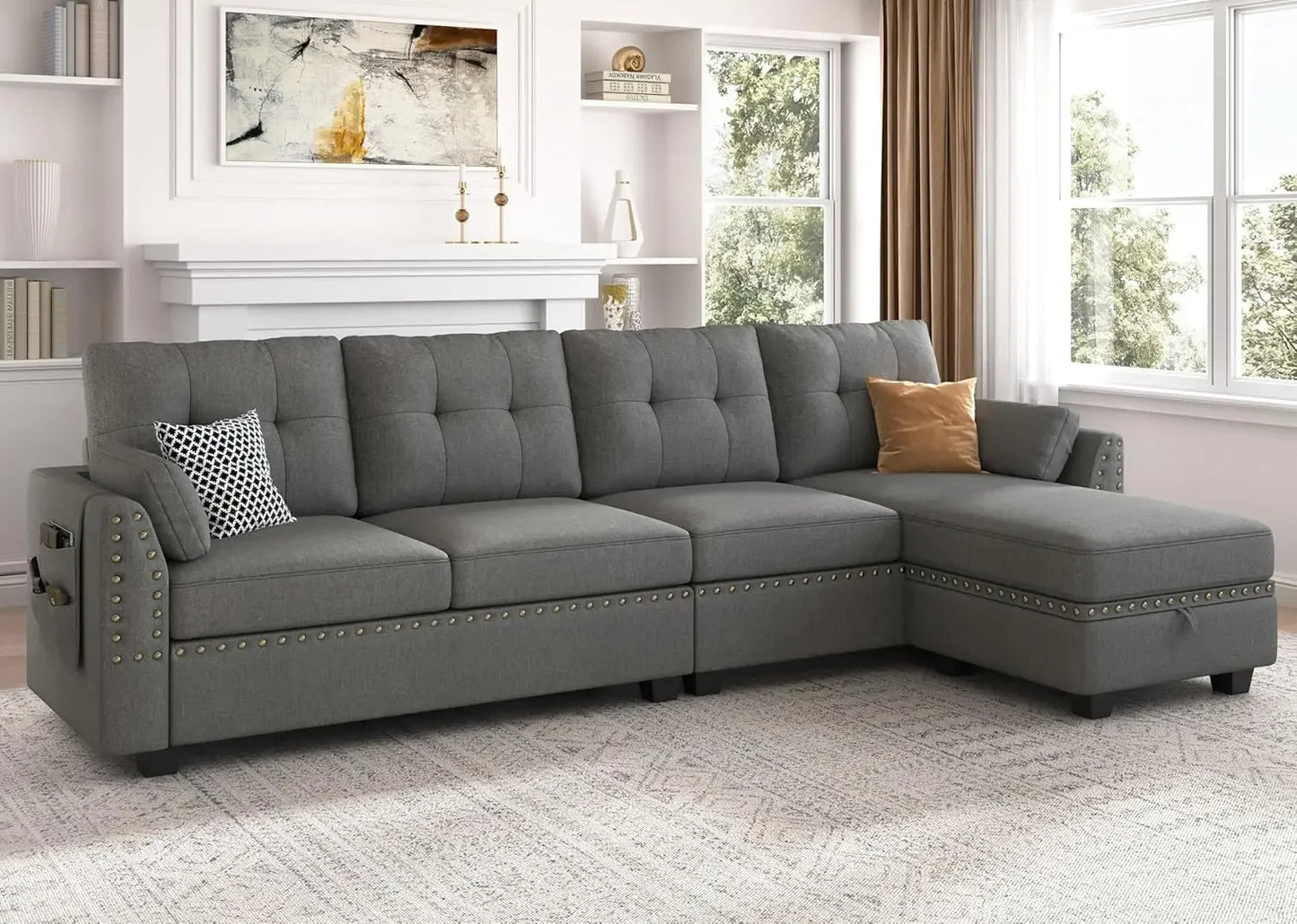 Convertible Sectional Sofa with 4 Seating, Storage Ottoman, Living Room Sofas