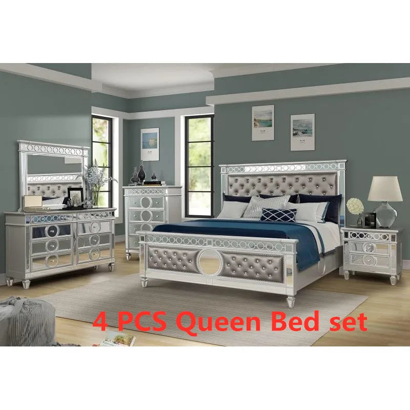 Mirrored 4 PCS Queen/King Bed includ( Queen/King Bed + 1 Nightstand + Dresser + Mirror)
