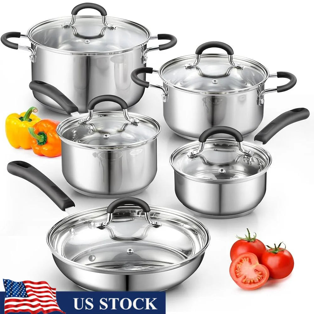 Cookware Set Pots and Pans Kitchen Cooking Set Dishwasher Safe Tempered Glass Lids Stay Cool Handles