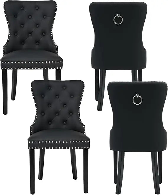 PU Leather Dining Chairs Set of 4, Tufted Upholstered Dining Room Chair with Solid Wood Legs and Pull Ring, Black