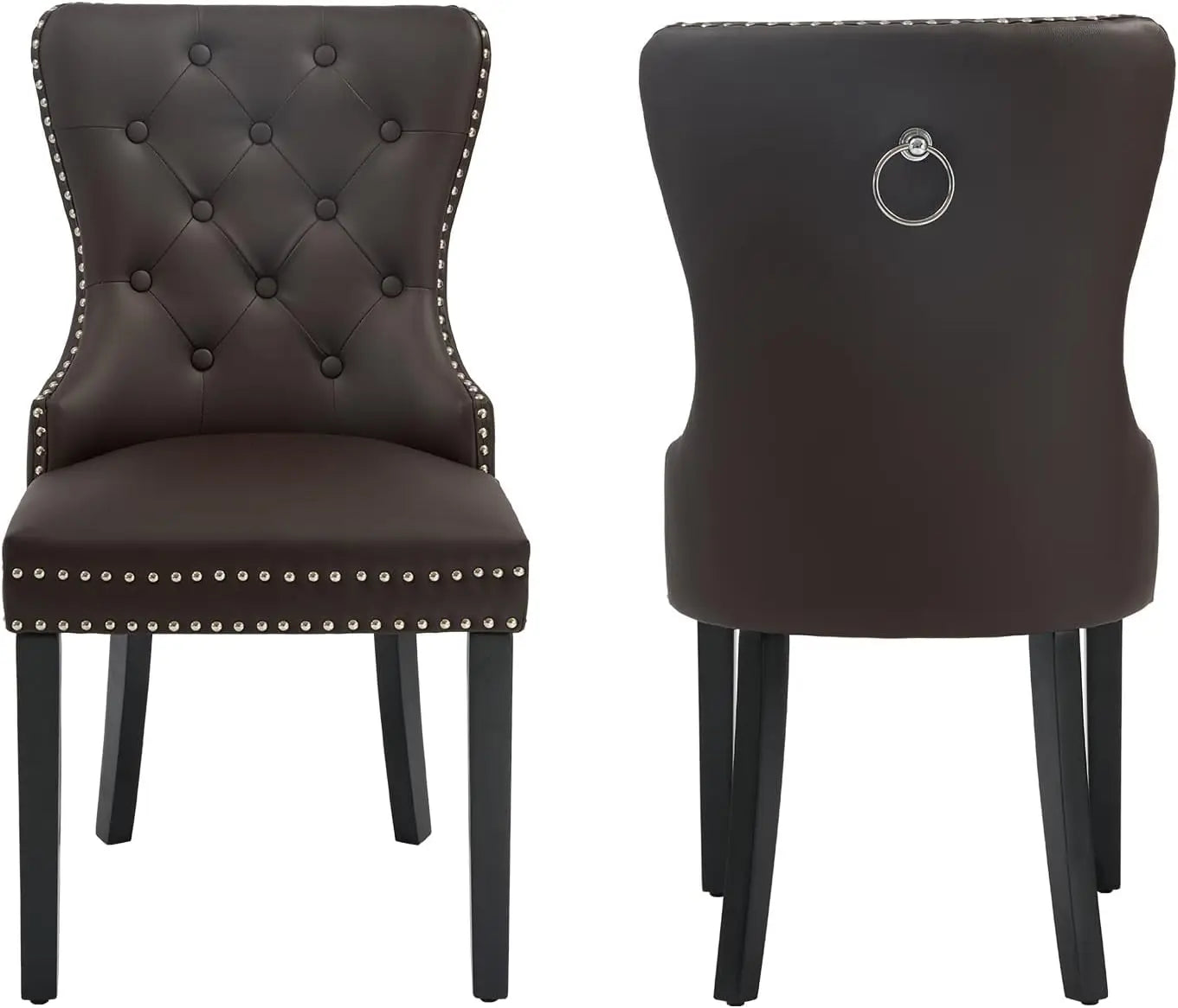 PU Leather Dining Chairs Set of 4, Tufted Upholstered Dining Room Chair with Solid Wood Legs and Pull Ring, Black